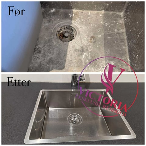 Before and after comparison of sink cleaning. Top shows grimy concrete surface with drain. Bottom shows clean stainless steel sink with faucet.