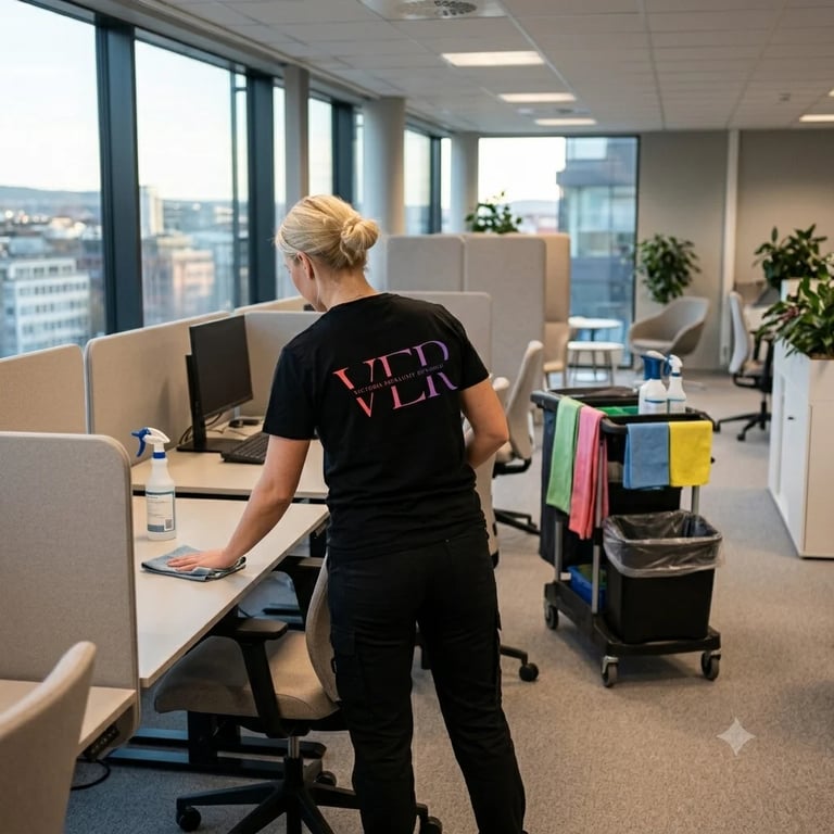 Kvinne i svart skjorte som står ved pulten i moderne kontor med byutsikt og rengjøringsmidler på vogn