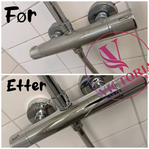 Before and after comparison of bathroom faucets showing old worn fixture and new polished chrome faucet
