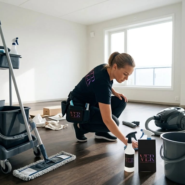 Kvinne i mørke klær som huker seg ned mens hun rengjør et tregulv med rengjøringsmidler i et lyst, minimalistisk rom