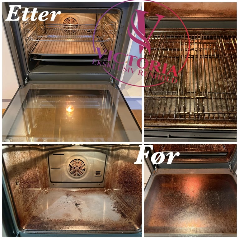 Before and after comparison of oven cleaning, showing a dirty oven with grease buildup and a clean, polished oven interior