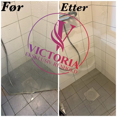 Before and after comparison of a bathroom shower floor cleaning, showing dirty tiles on left and clean tiles on right with Victoria Renovations logo