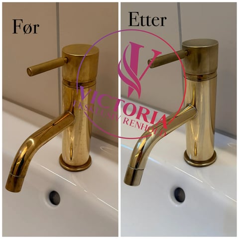 Before and after comparison of gold bathroom faucet designs labeled For and Etter with Victoria branding